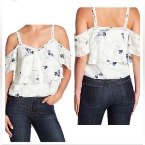 Lucky Brand Pale Blue Navy Blue Floral Print Cold Shoulder Flowy Romantic Blouse